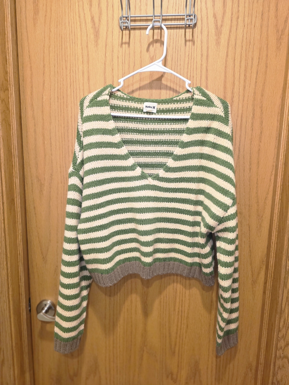 Hurley Green and Cream Striped V-Neck Knit Sweater with Gray Trim